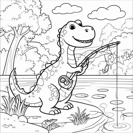 dino is aan het vissen kleurplaat voor kinderen