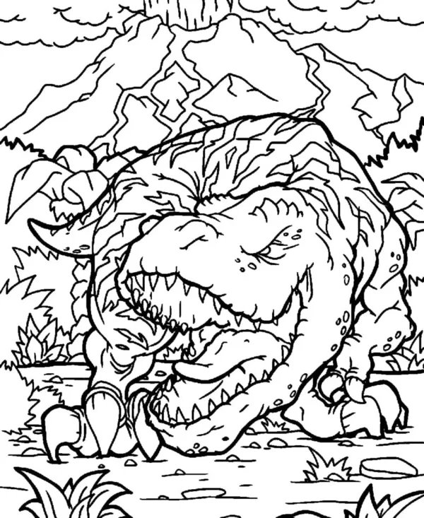 Dinosaure T-rex Vulcano coloring page for children