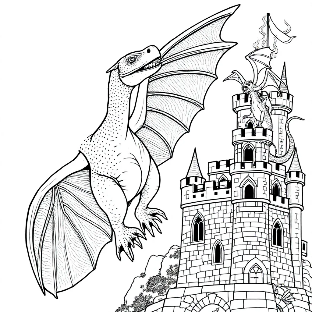dinosaurus met vleugels die langs een kasteel vliegt waar een draak vuur spuwt kleurplaat voor kinde