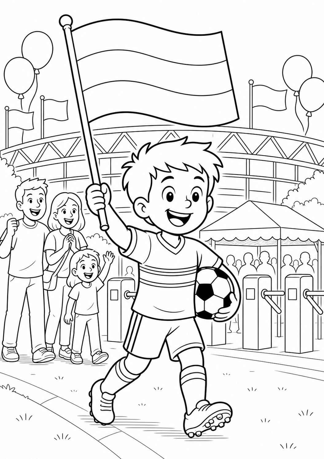 Duitse mascotte met vlag en voetbal kleurplaat