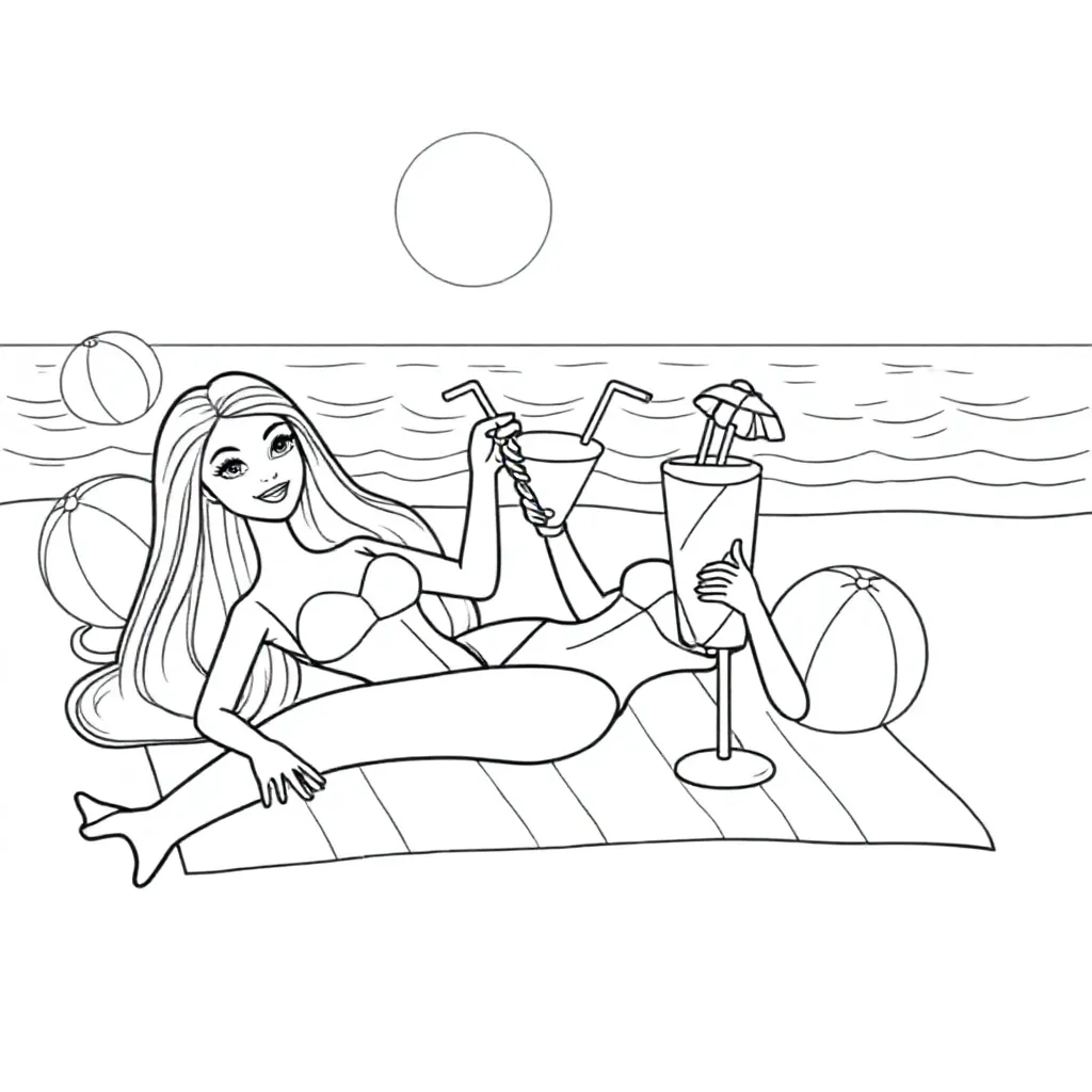 eine Barbie, die am Strand mit einem Cocktail liegt