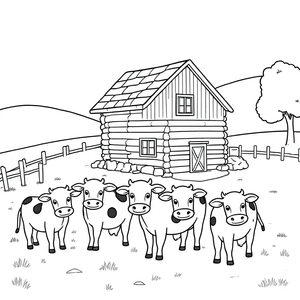 Feuille de coloriage gratuite : Une ferme avec une maison et des vaches  Feuille de coloriage