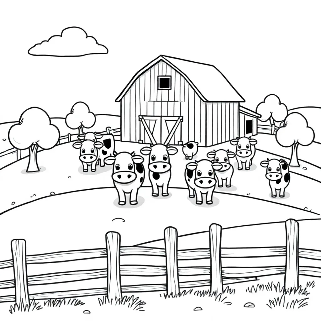 Feuille de coloriage gratuite Une ferme avec des vaches Feuille de coloriage pour enfants