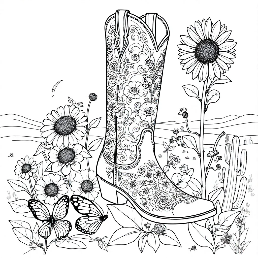 een cowboy laars met bloemetjes coloring page for children