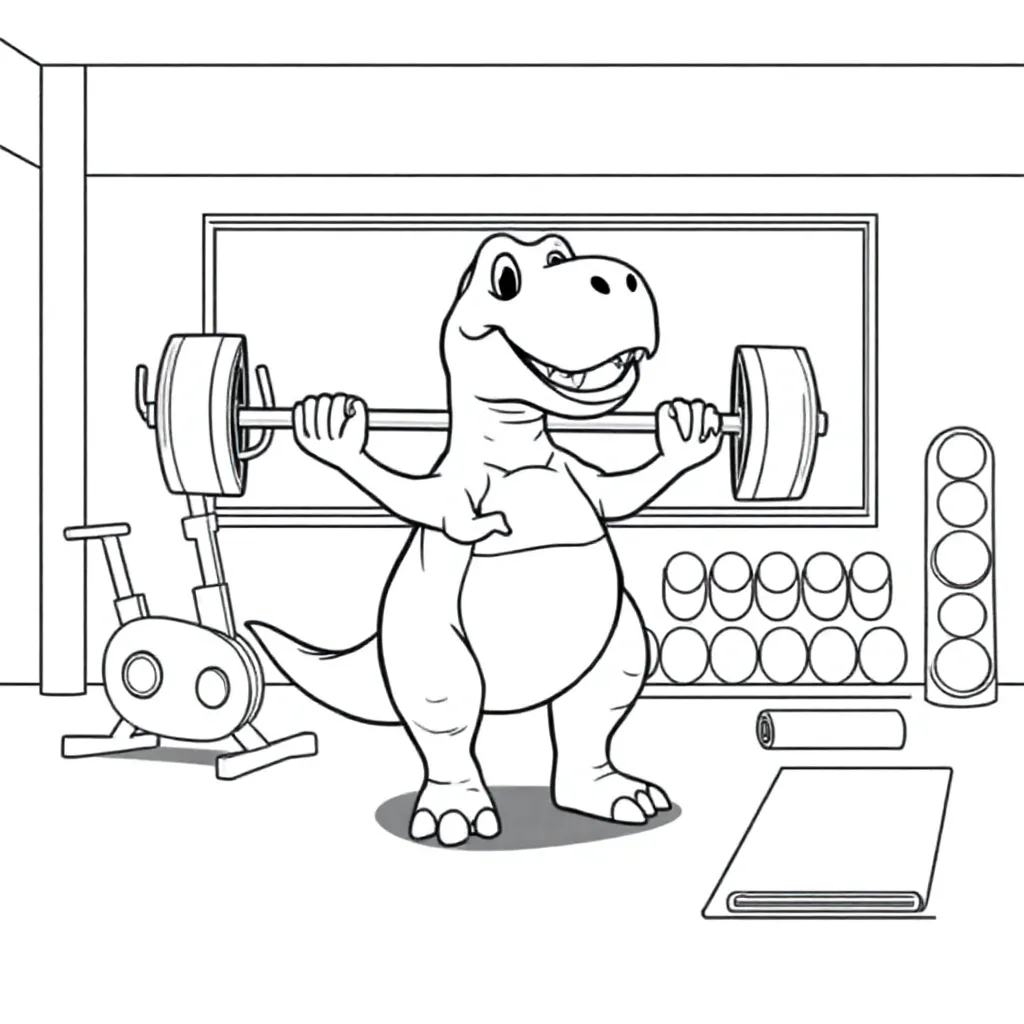 een dino in de sportschool coloring page for children