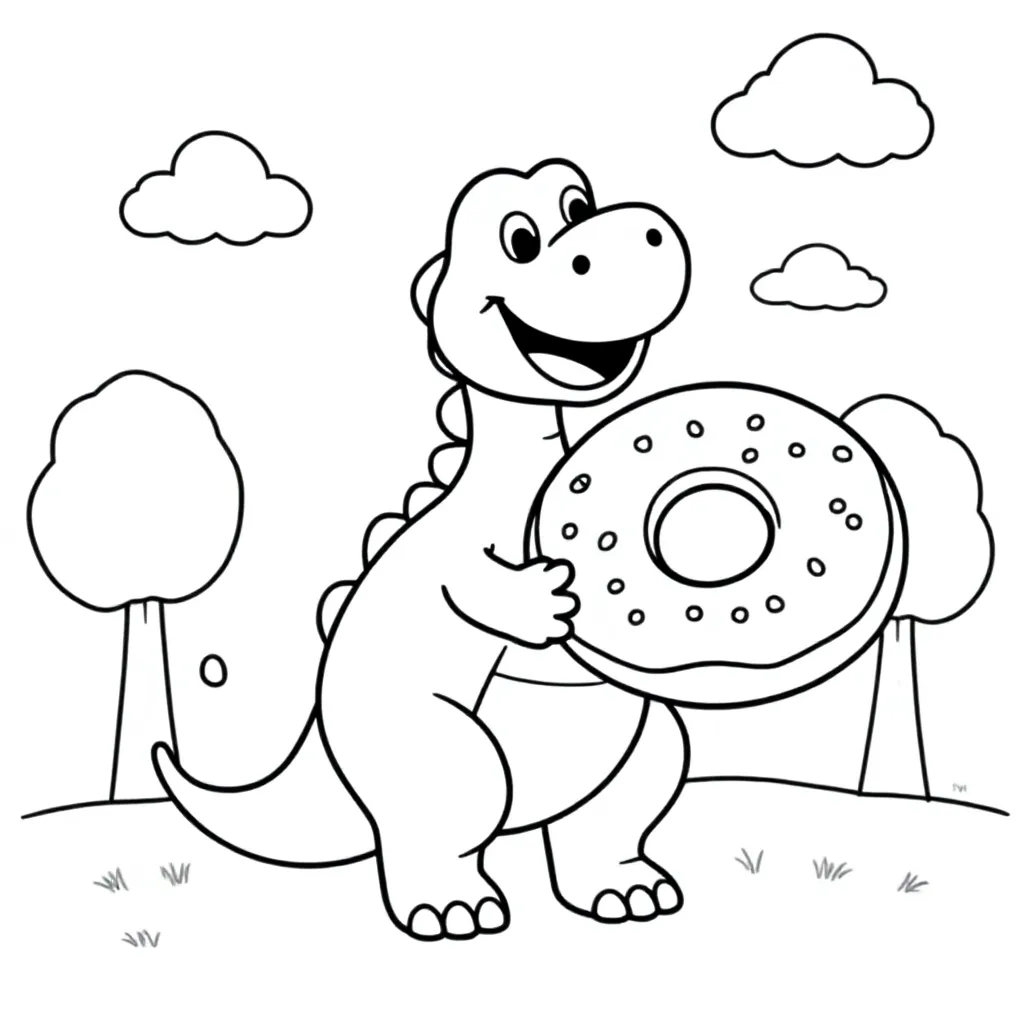 Een dinosaurus met een donut in kleurplaat voor kinderen