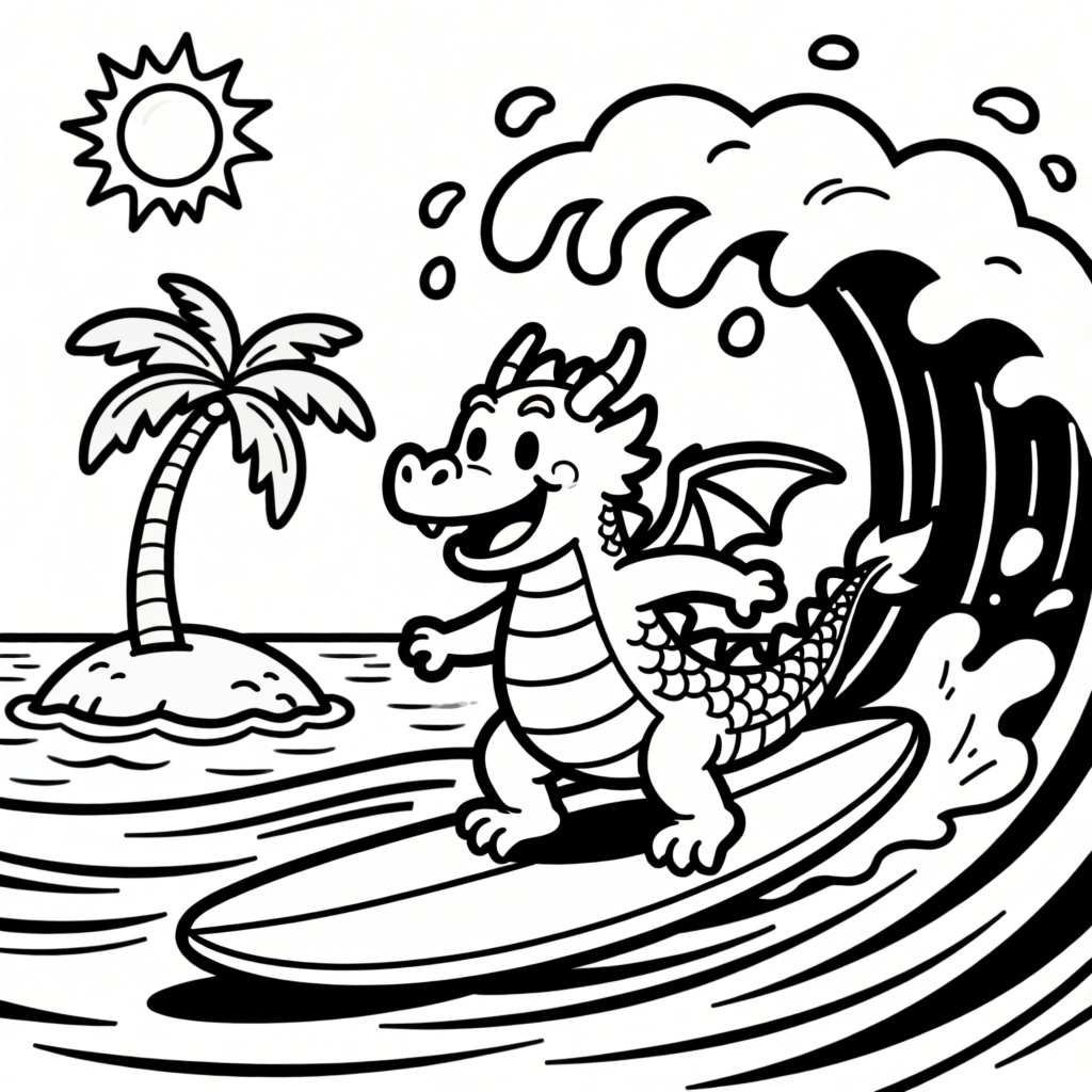 een draak die aan het surfen is op zee coloring page for children