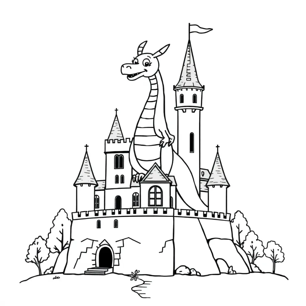 dibujo de een draak die op een kasteel zit para colorear e imprimir