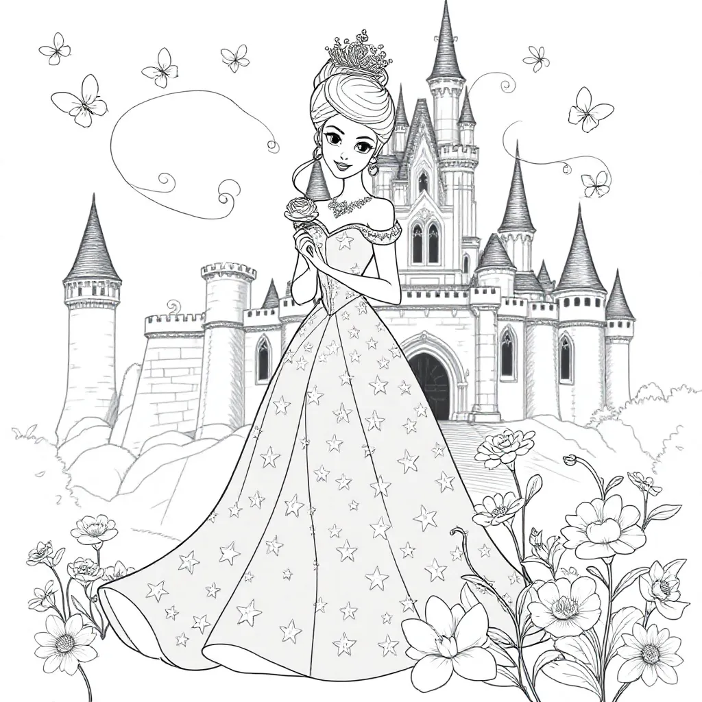 Feuille de coloriage gratuite d'une élégante princesse dans une magnifique robe avec des étoiles.