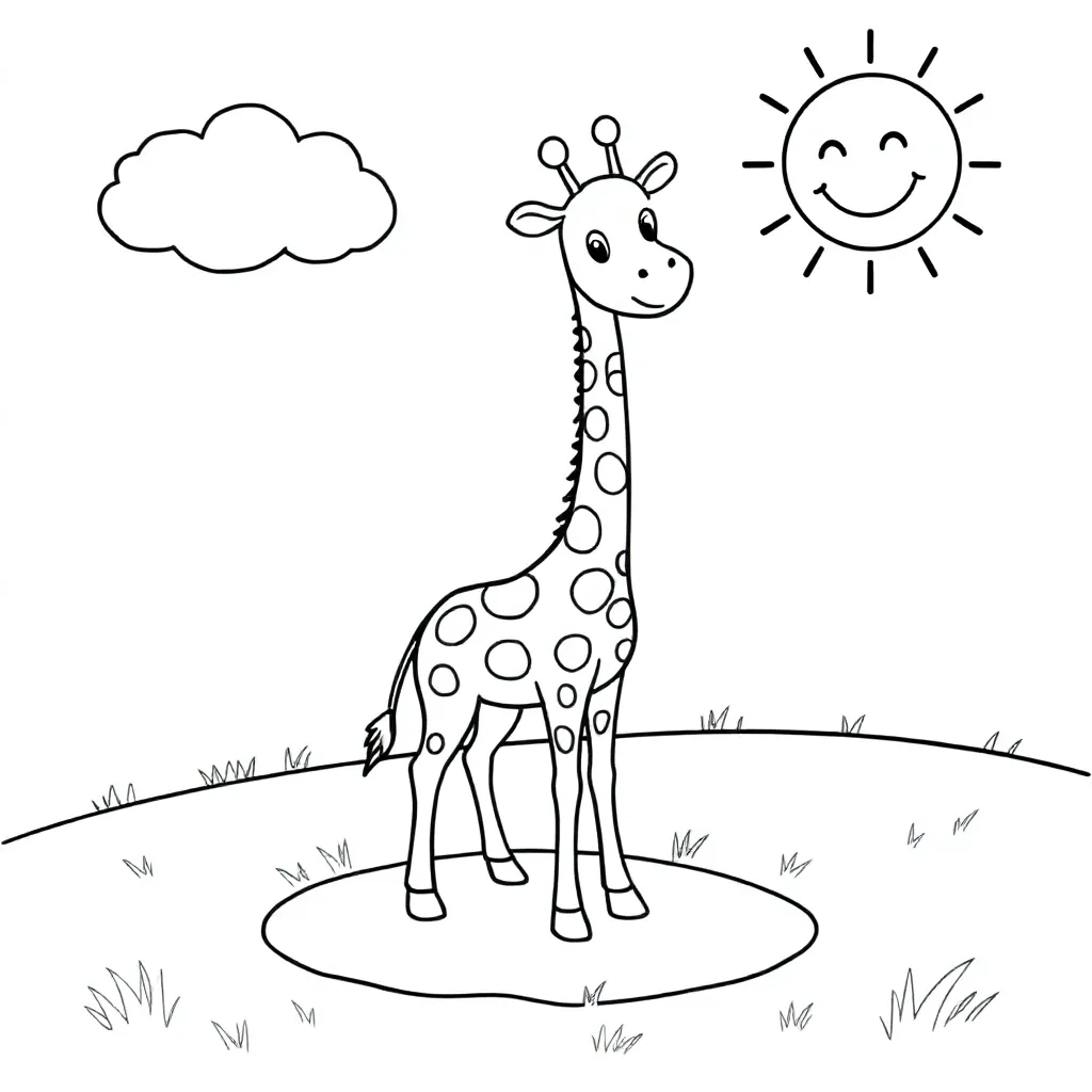 Een giraffe op het gras met een wolk en de zon coloring page for children