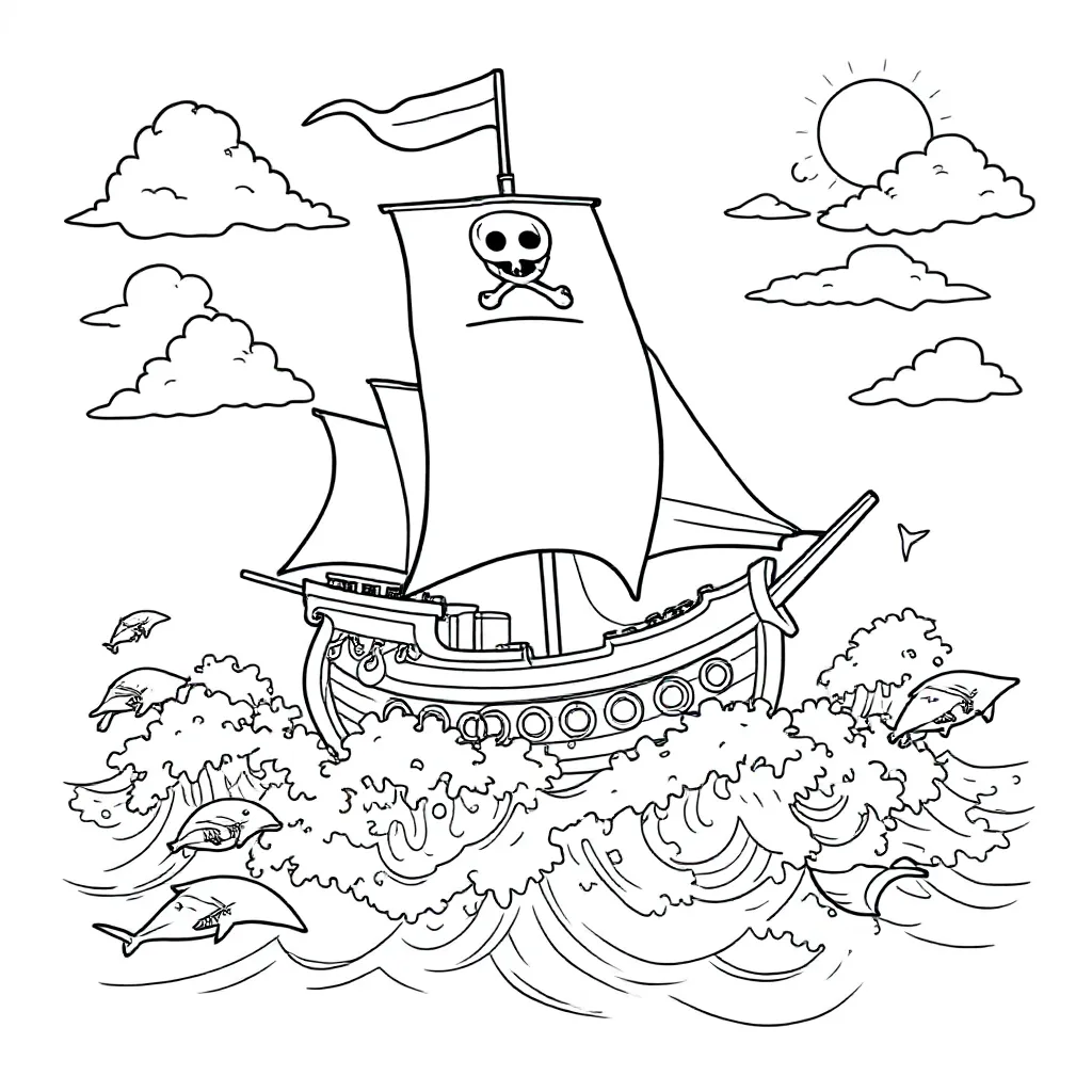 Feuille de coloriage gratuite Un grand navire pirate sur une mer agitée Feuille de coloriage