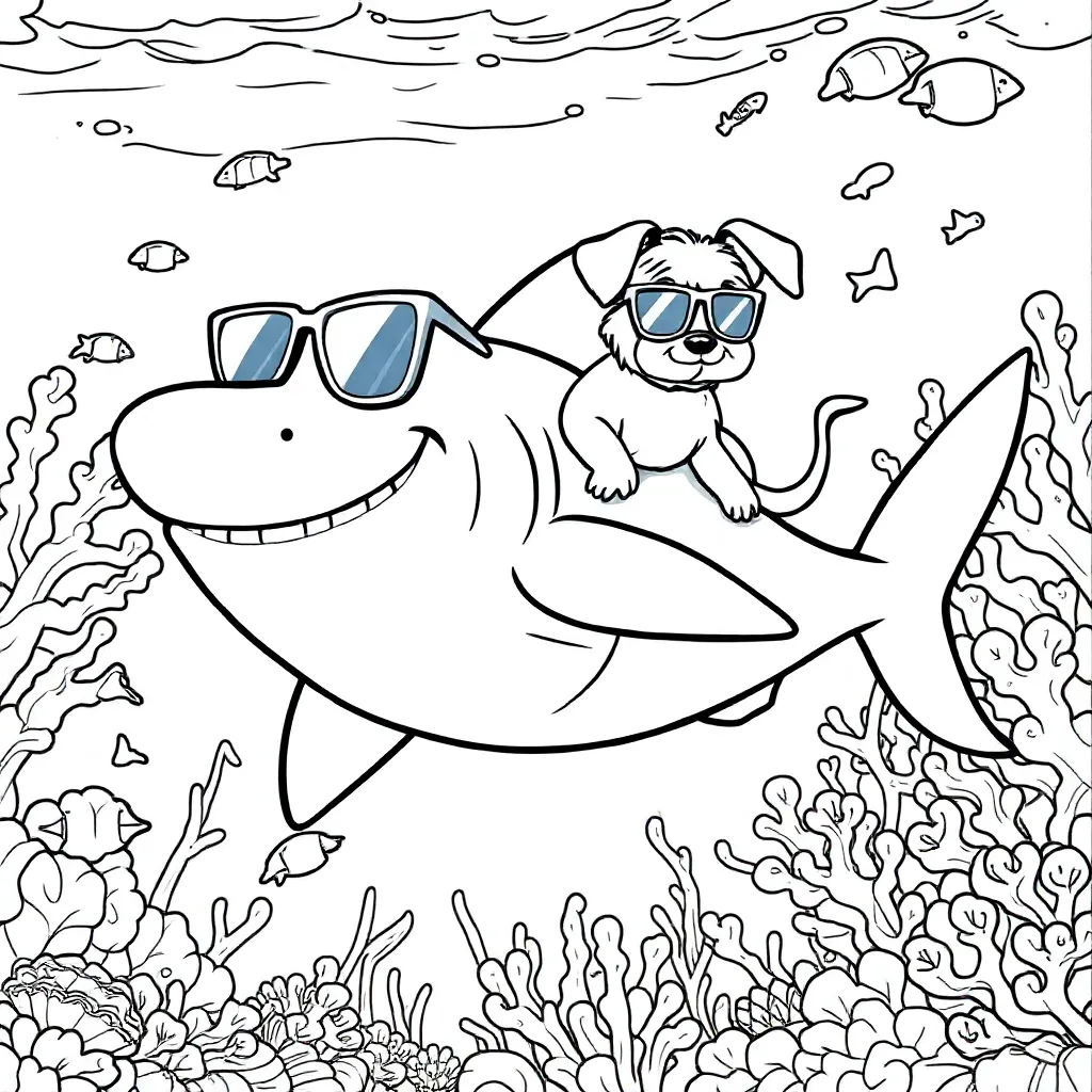 een haai met een hondje op zijn rug en een zonnebril op kleurplaat voor kinderen