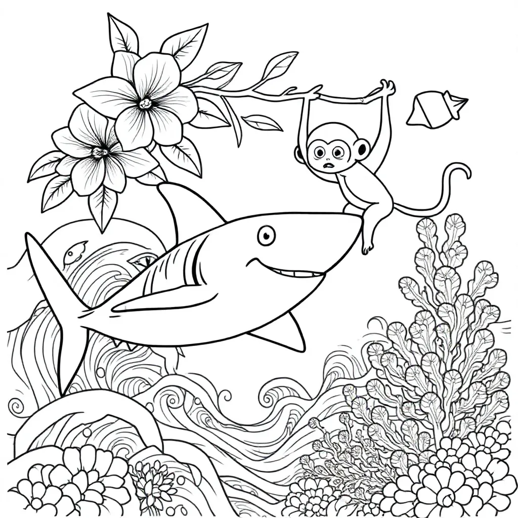 Une coloriage requin et singe pour enfants