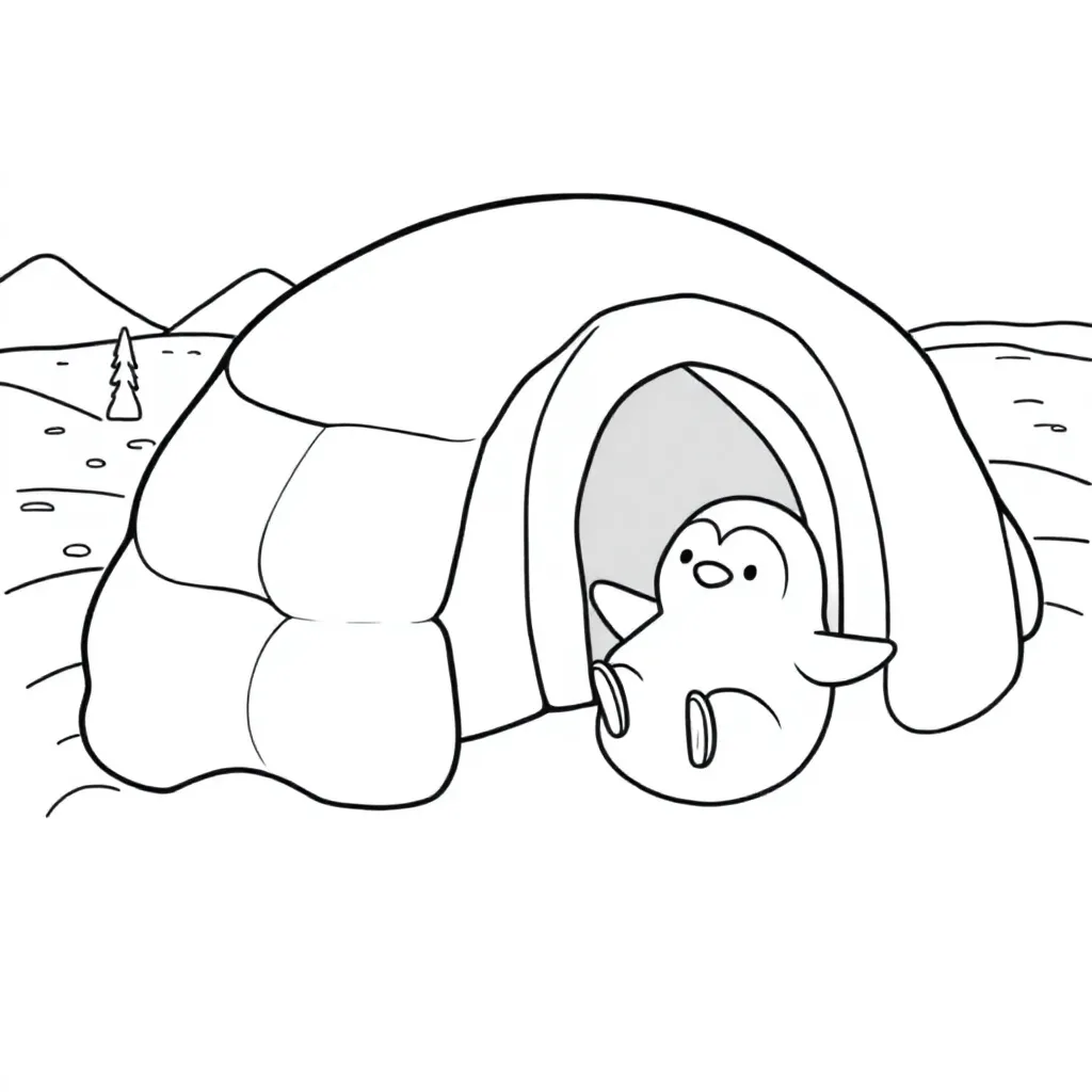 Feuille de coloriage gratuite : un igloo avec un pingouin qui glisse dessus. Feuille de coloriage