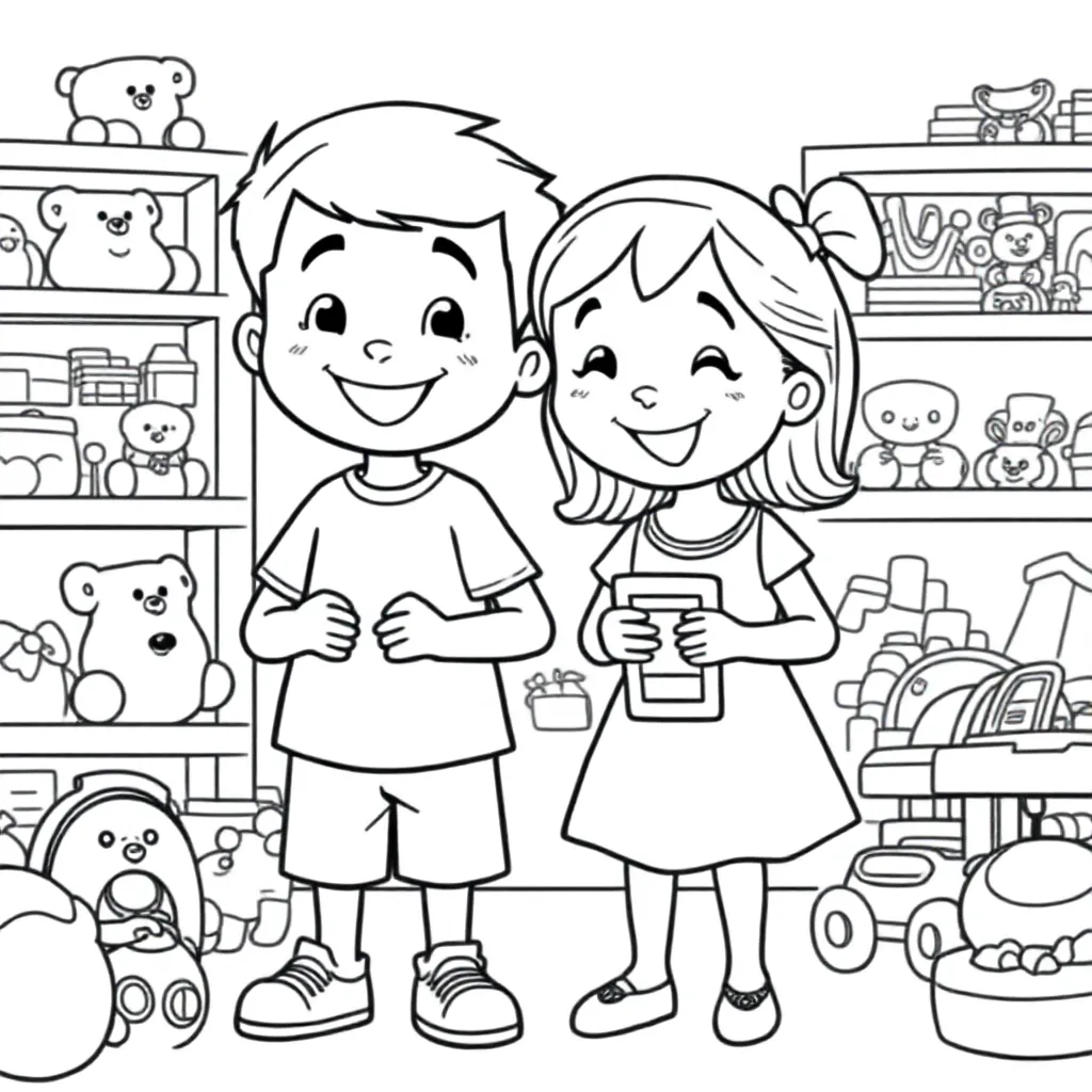 Feuille de coloriage gratuite : un garçon et une fille dans un magasin de jouets à colorier