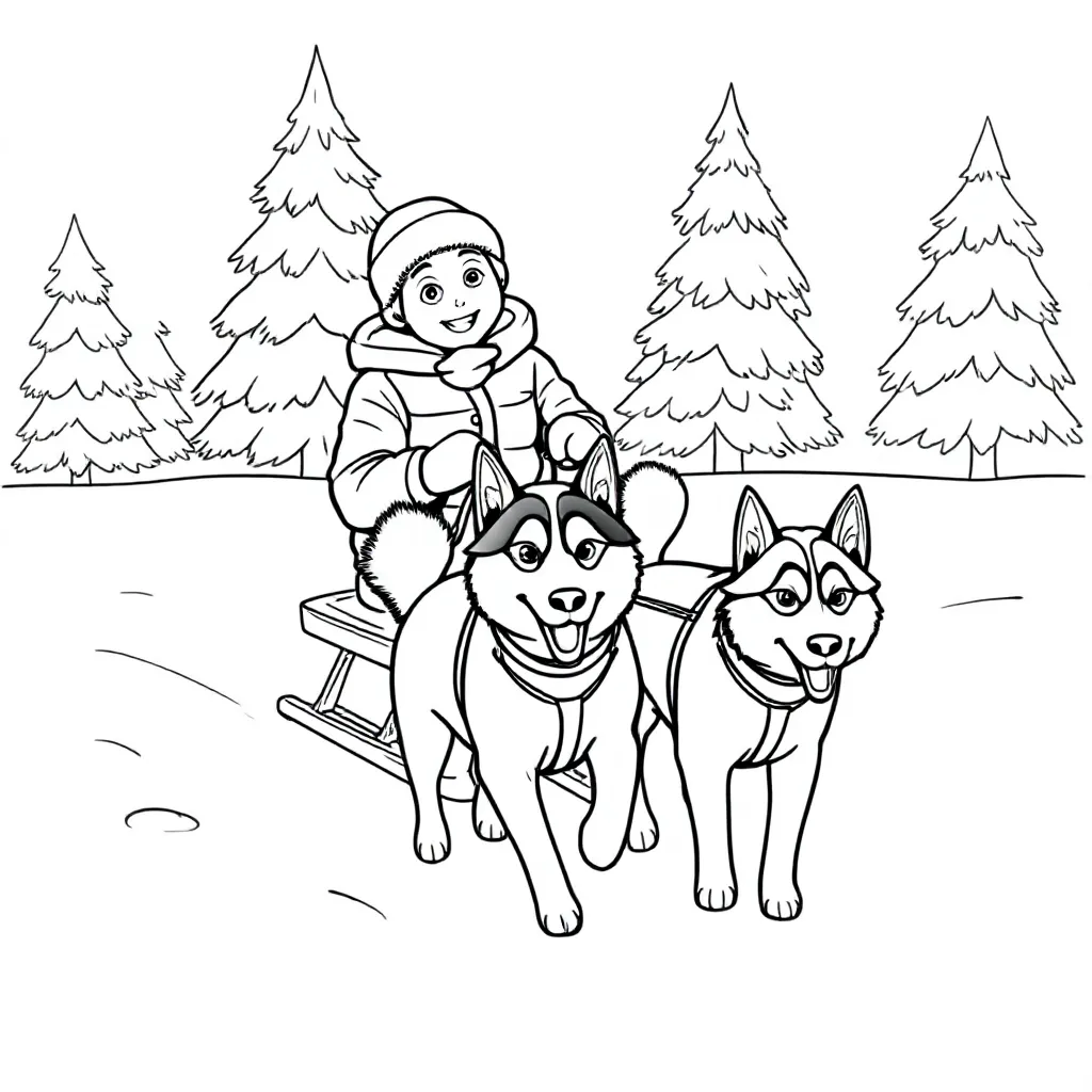 Een jongentje op een slee getrokken door husky’s in een besneeuwd bos kleurplaat voor kinderen