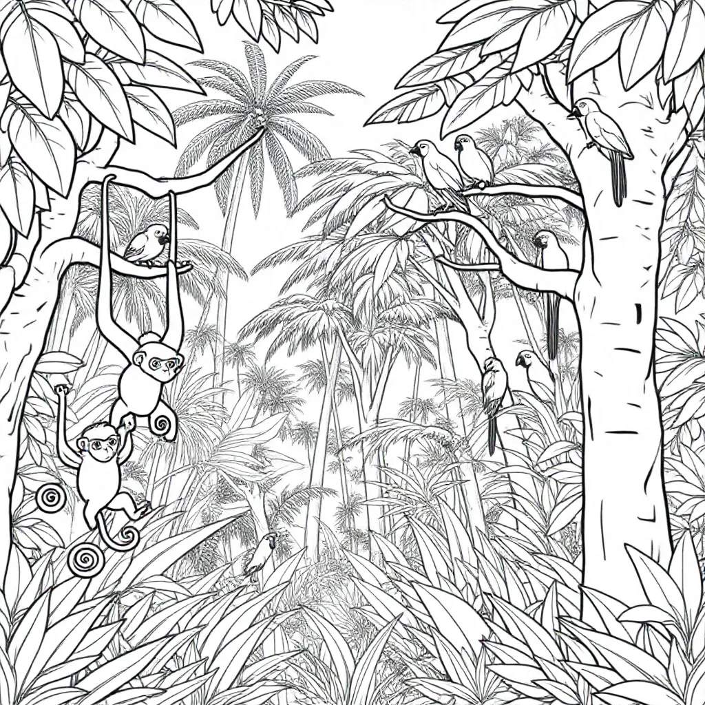Feuille de coloriage gratuite : Une jungle remplie d'animaux exotiques comme des singes et des perroquets.