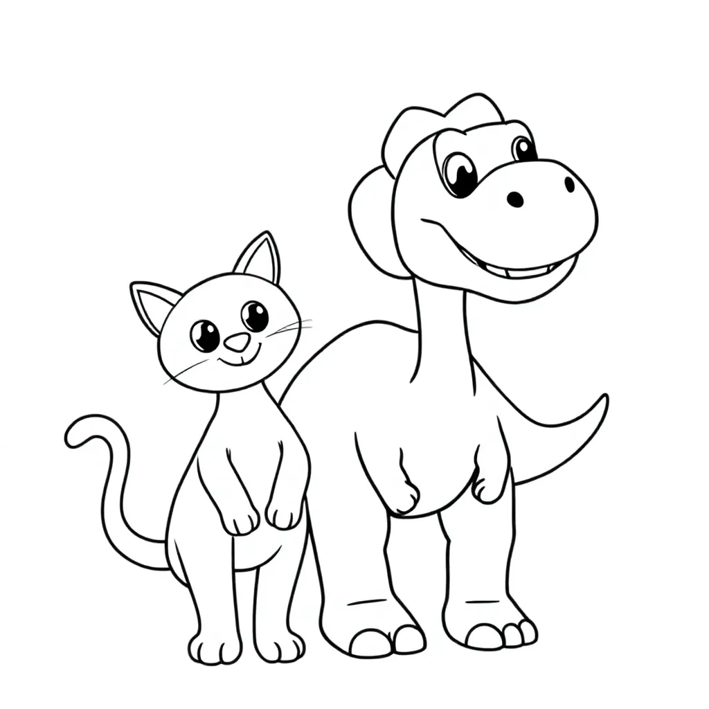 een kat en dinosaurus coloring page for children