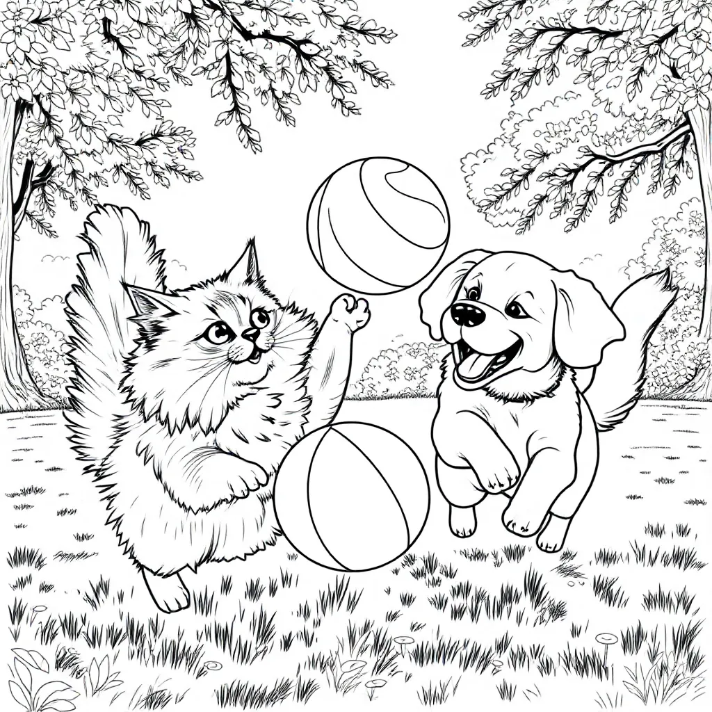 Een Kat En Hond Die Samen Aan Het Spelen Zijn In Een Park Met Een Bal coloring page for children