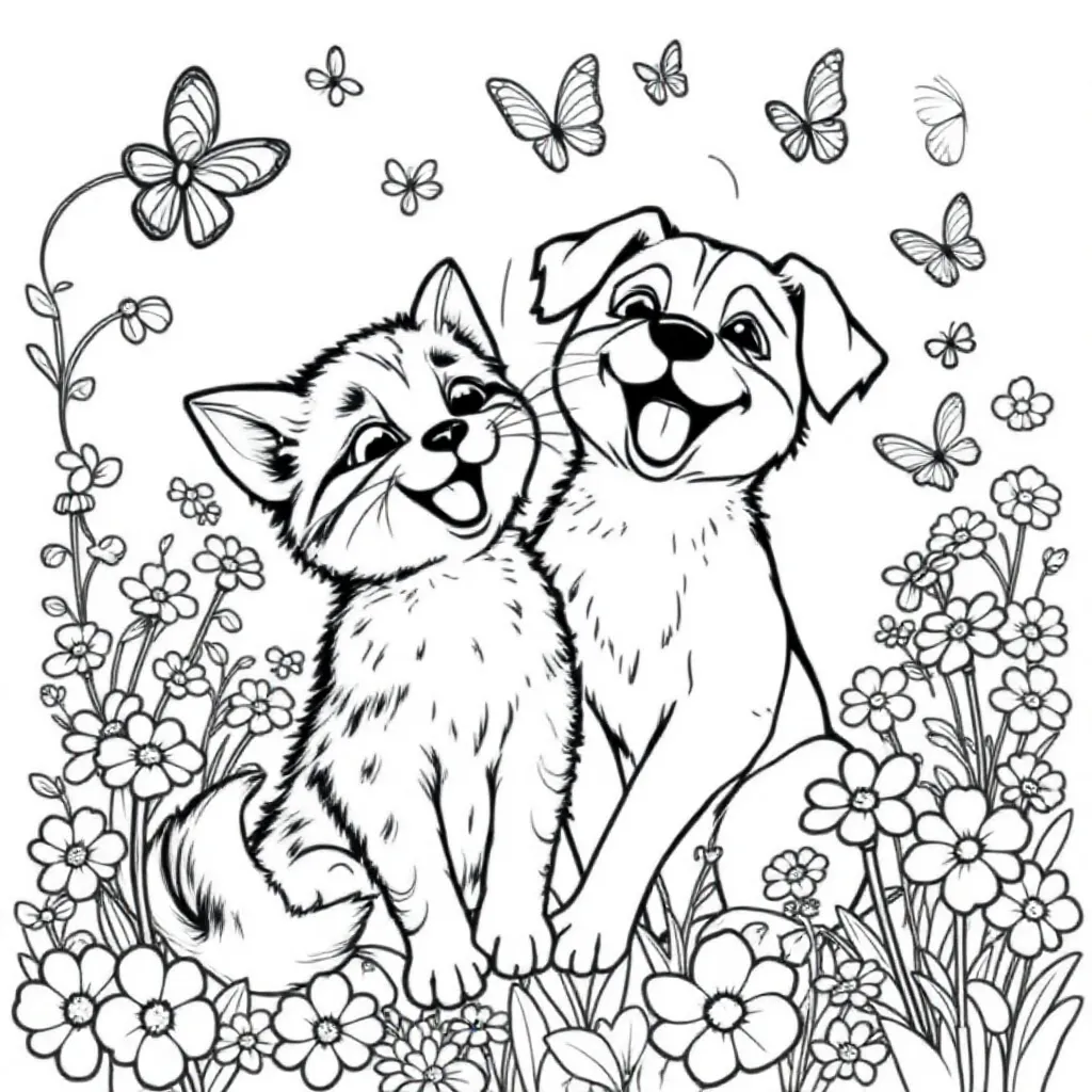 Free printable coloring page of a cat and dog playing together. Coloring page.