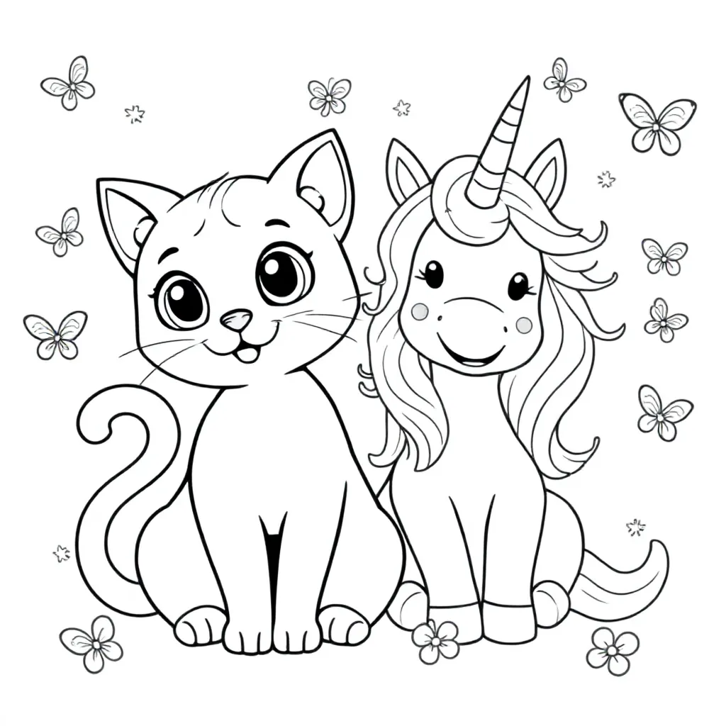 Feuille de coloriage : Un chat avec une licorne joyeuse à côté et de petits papillons autour d'eux