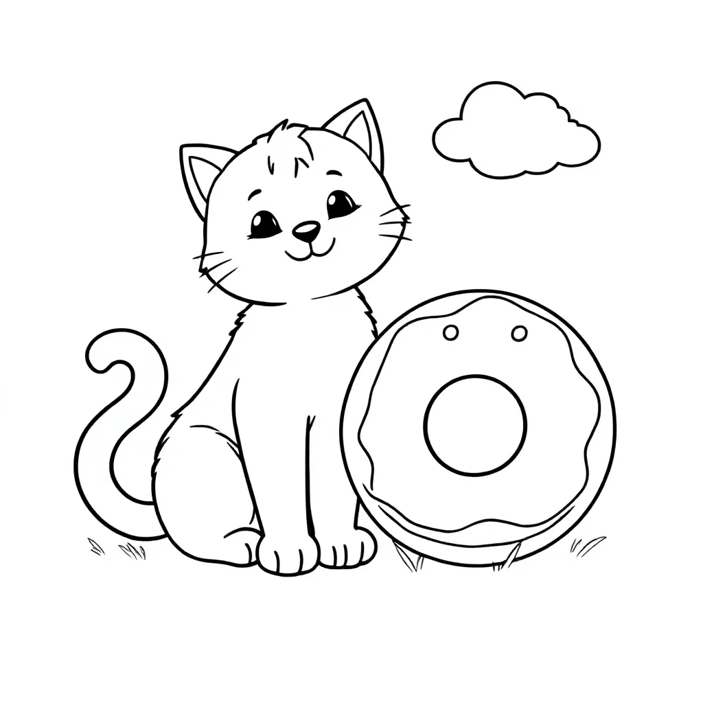 een kat met donut kleurplaat voor kinderen