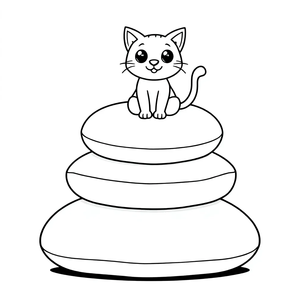 Planche de coloriage gratuite : une tour de bienvenue pour chat en coussins.