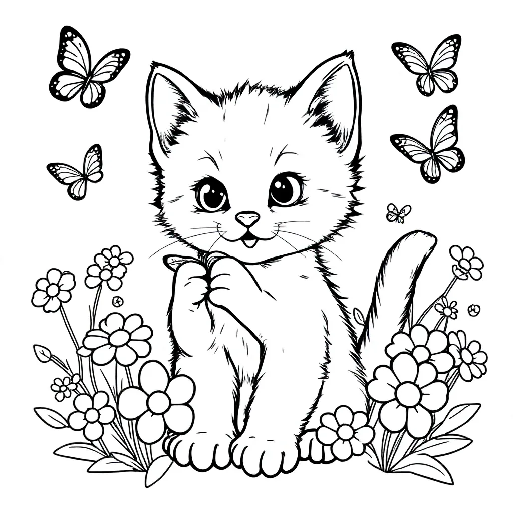 Feuille de coloriage gratuite : Un chaton jouant entouré de fleurs et de papillons.