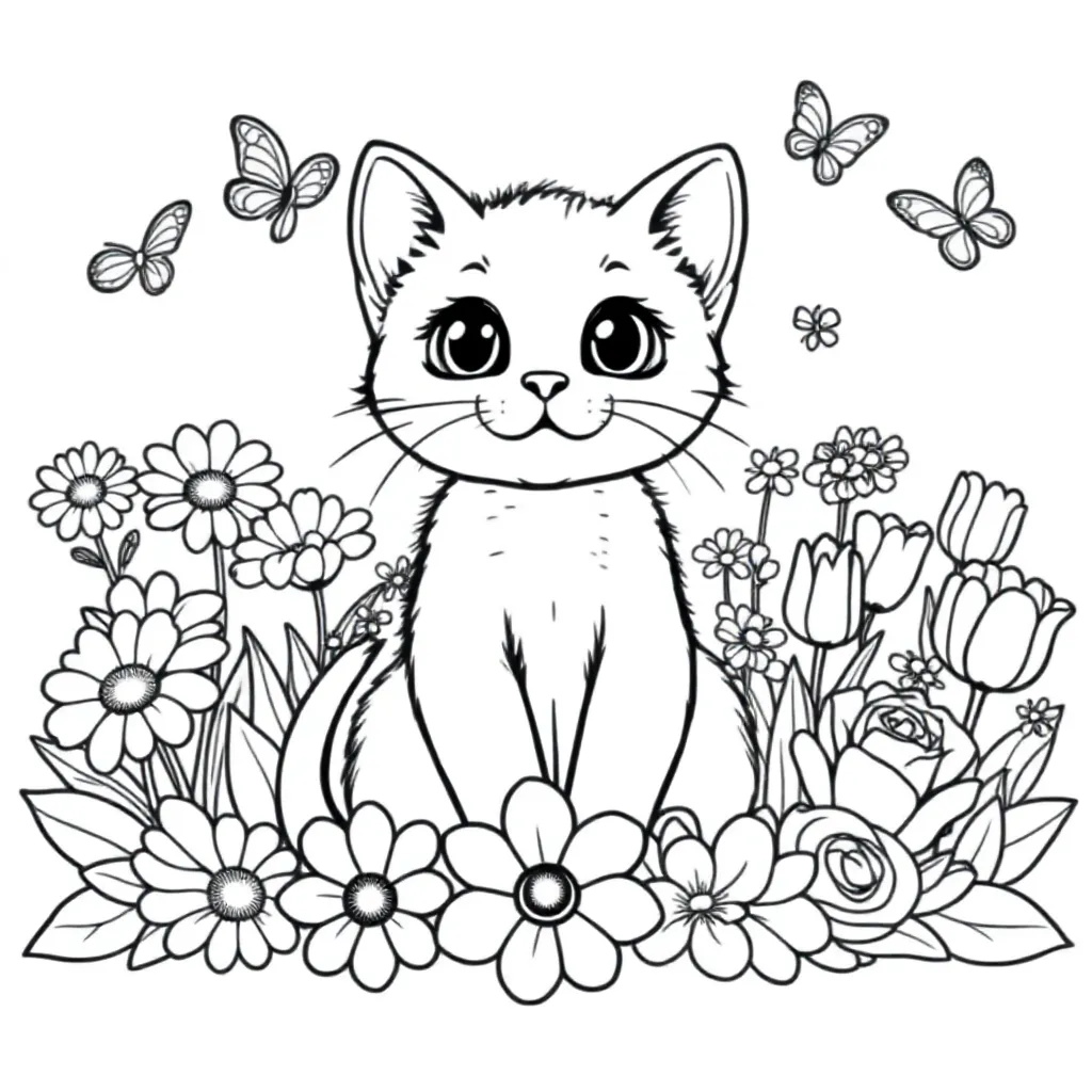 Feuille de coloriage gratuite : Un chaton entouré de fleurs et de papillons à colorier