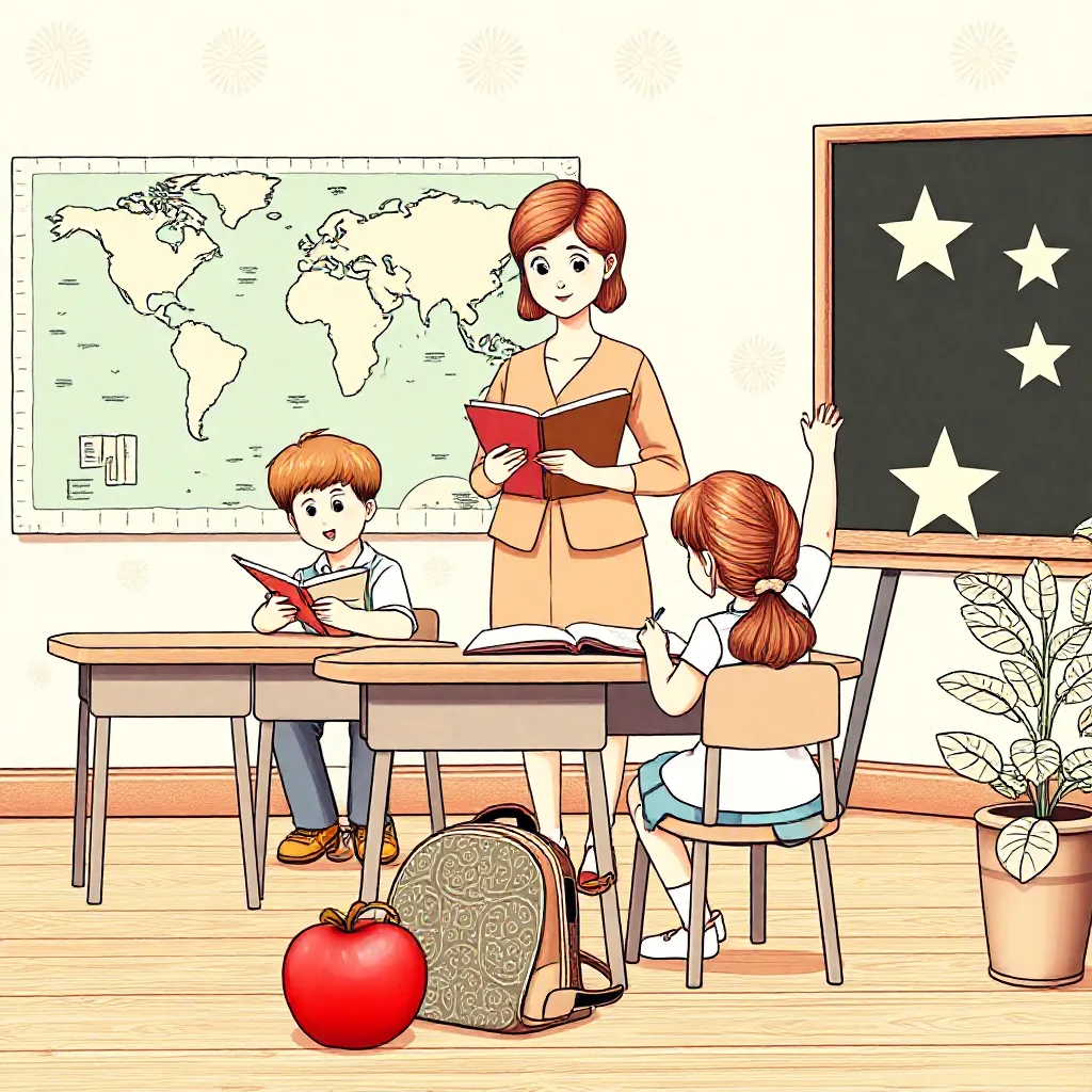 een klaslokaal met kinderen een een jonge juf coloring page for children