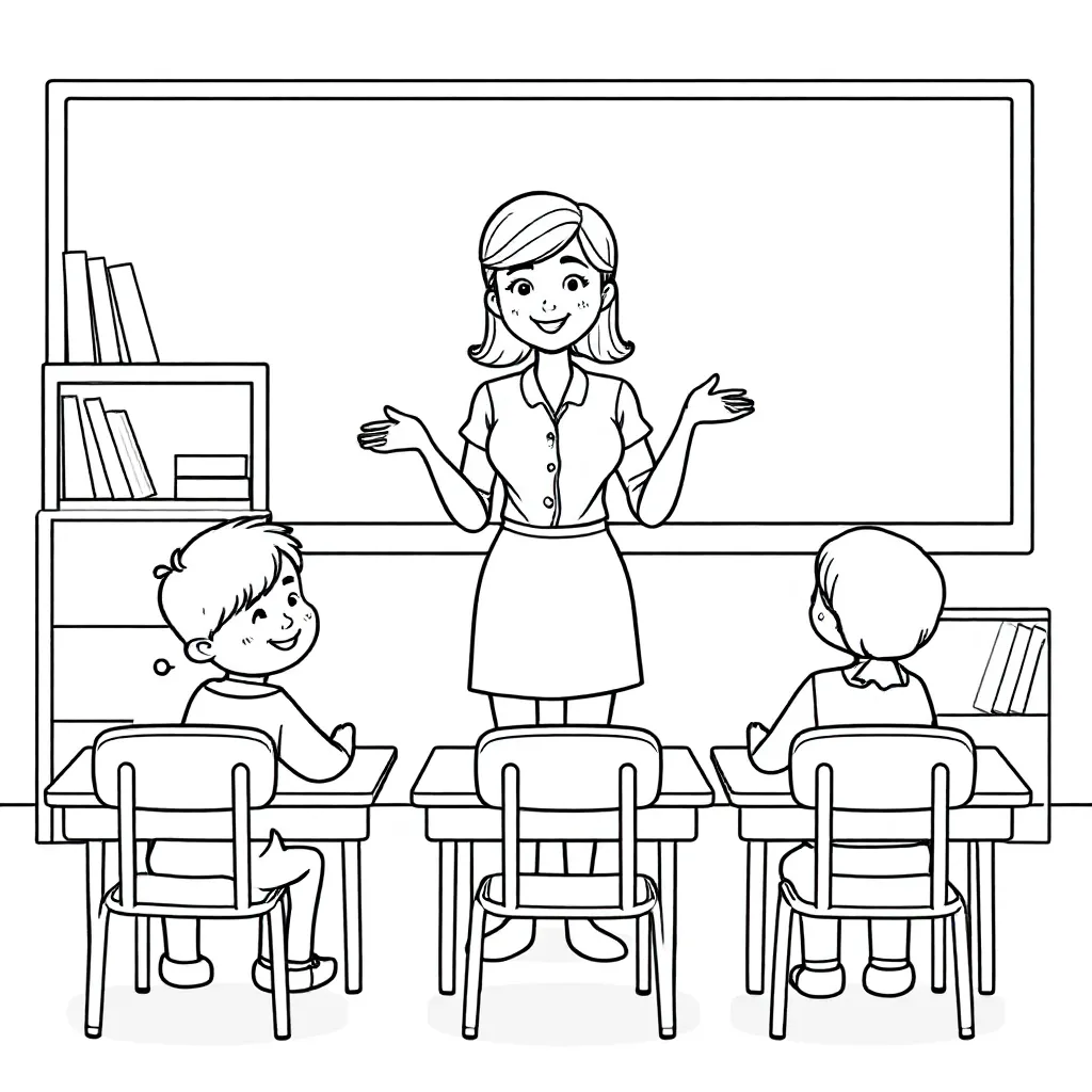 een klaslokaal met kinderen een een jonge juf coloring page for children