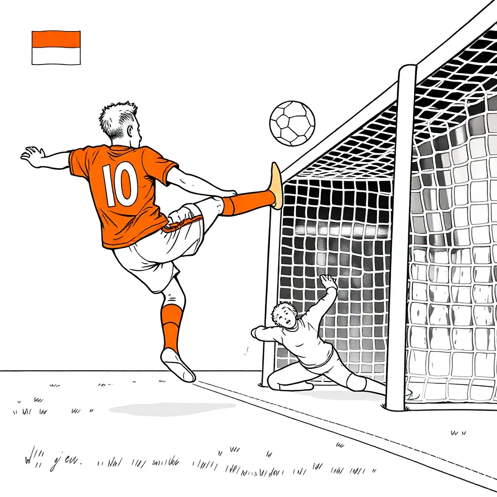 Kleurplaat WK voetbal: Depay scoort voor Nederland tegen Spanje, 1-0.