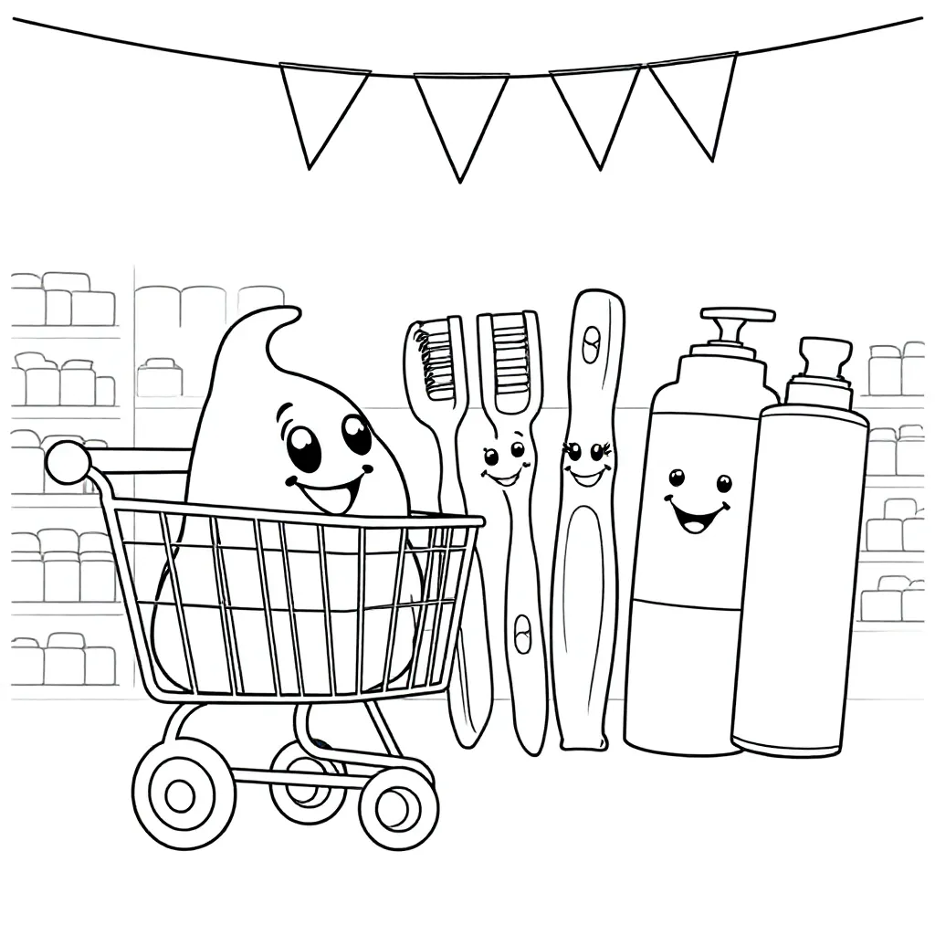 Feuille de coloriage gratuite - Un magasin Kruidvat avec un chariot, du shampoing