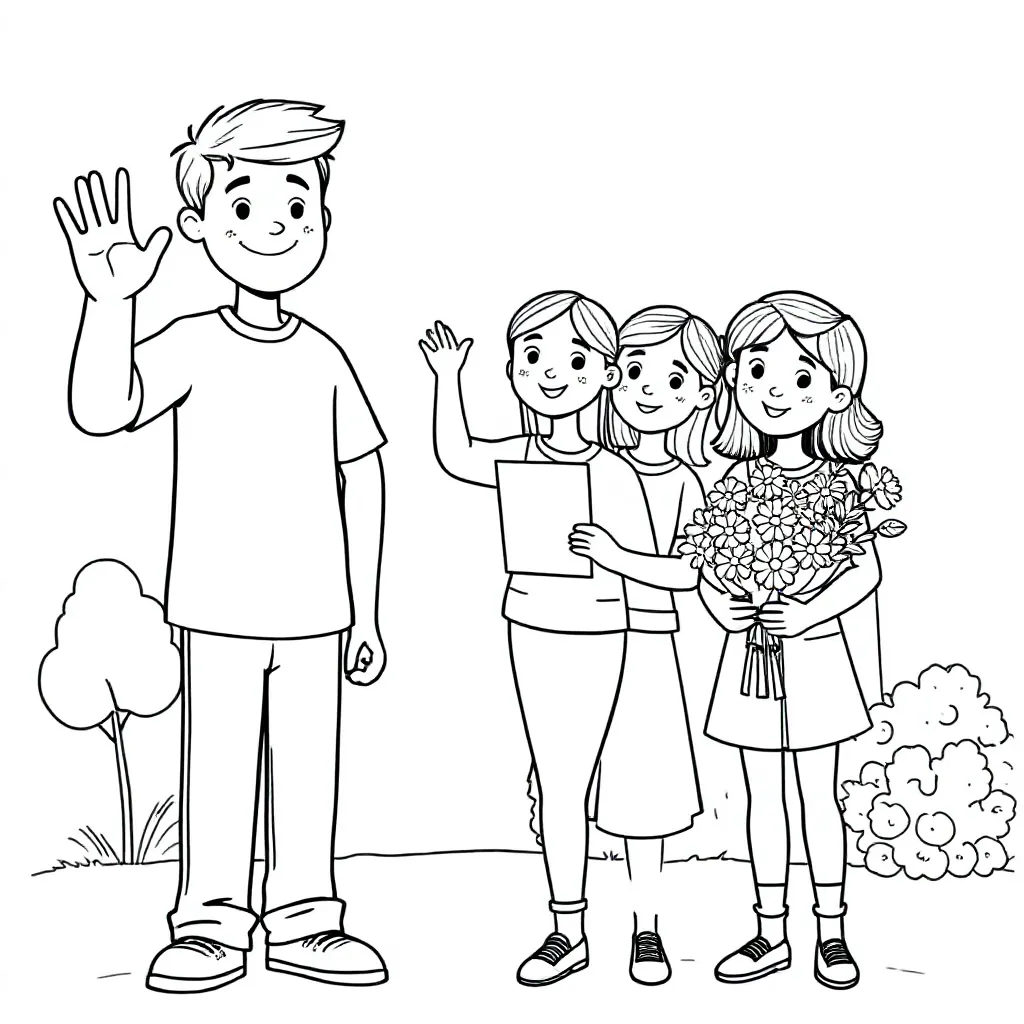 a tall boy a slightly smaller girl with freckles and a card saying bye miss geertje and another 11-year-old girl with flowers