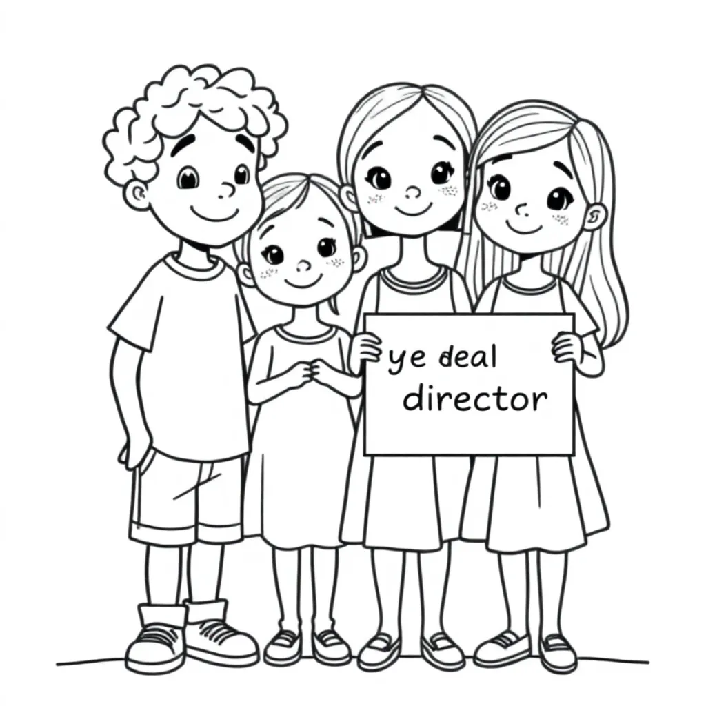 a tall boy with curls a slightly smaller girl with freckles and straight hair and an 11-year-old girl with long hair and a sign in her hand that says bye dear director