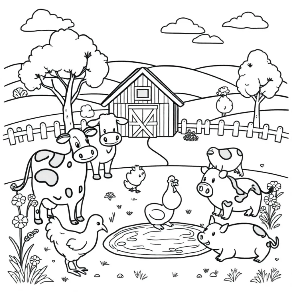 Feuille de coloriage gratuite Une ferme amusante avec vaches, poules et cochons.