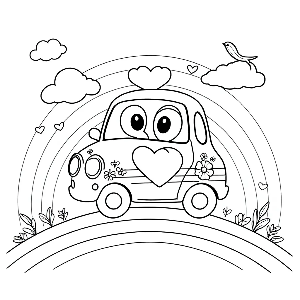Feuille de coloriage gratuite d'une voiture de police rose sur un arc-en-ciel  Feuille de coloriage