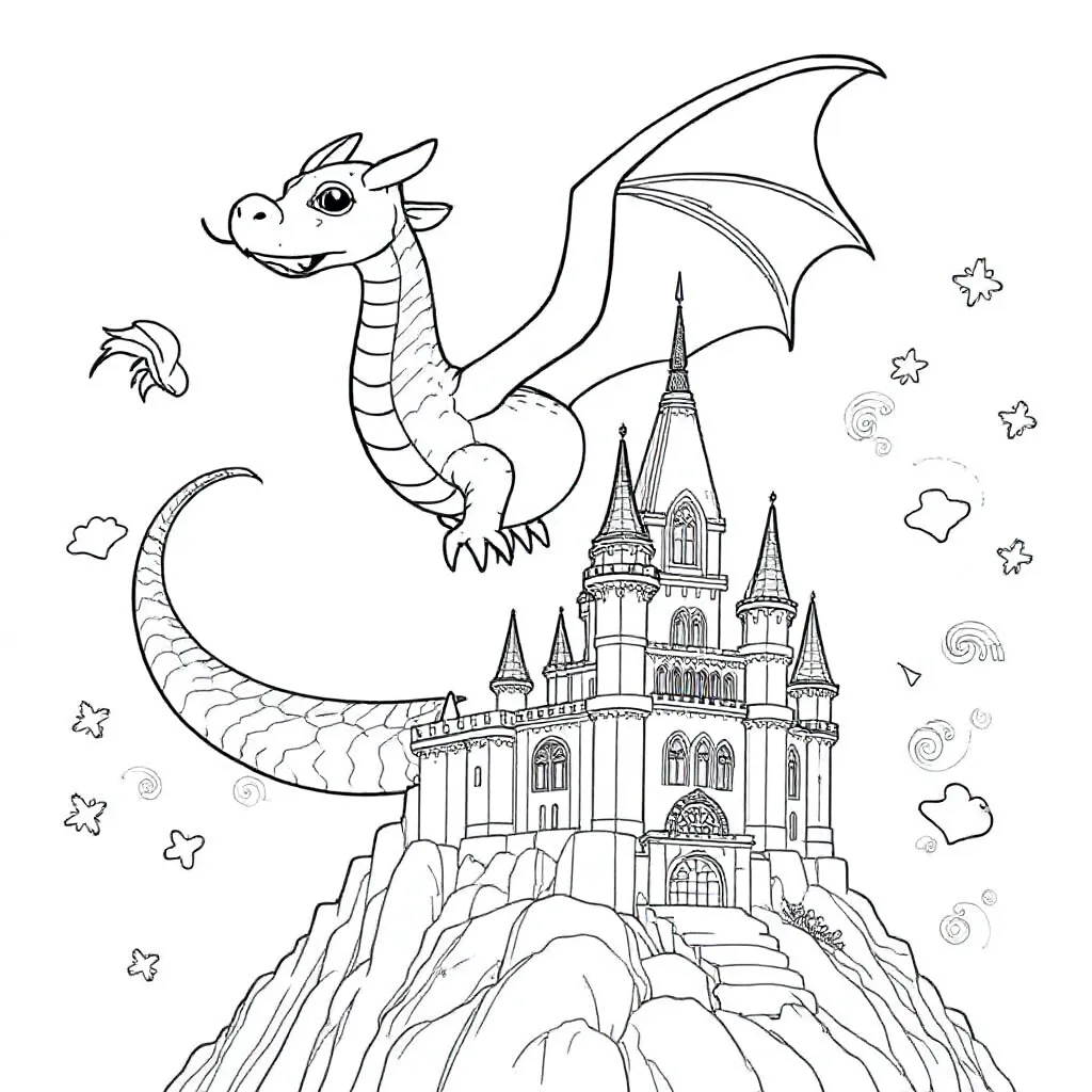 Ein magischer Drache, der über ein Schloss fliegt - Malvorlage für Kinder