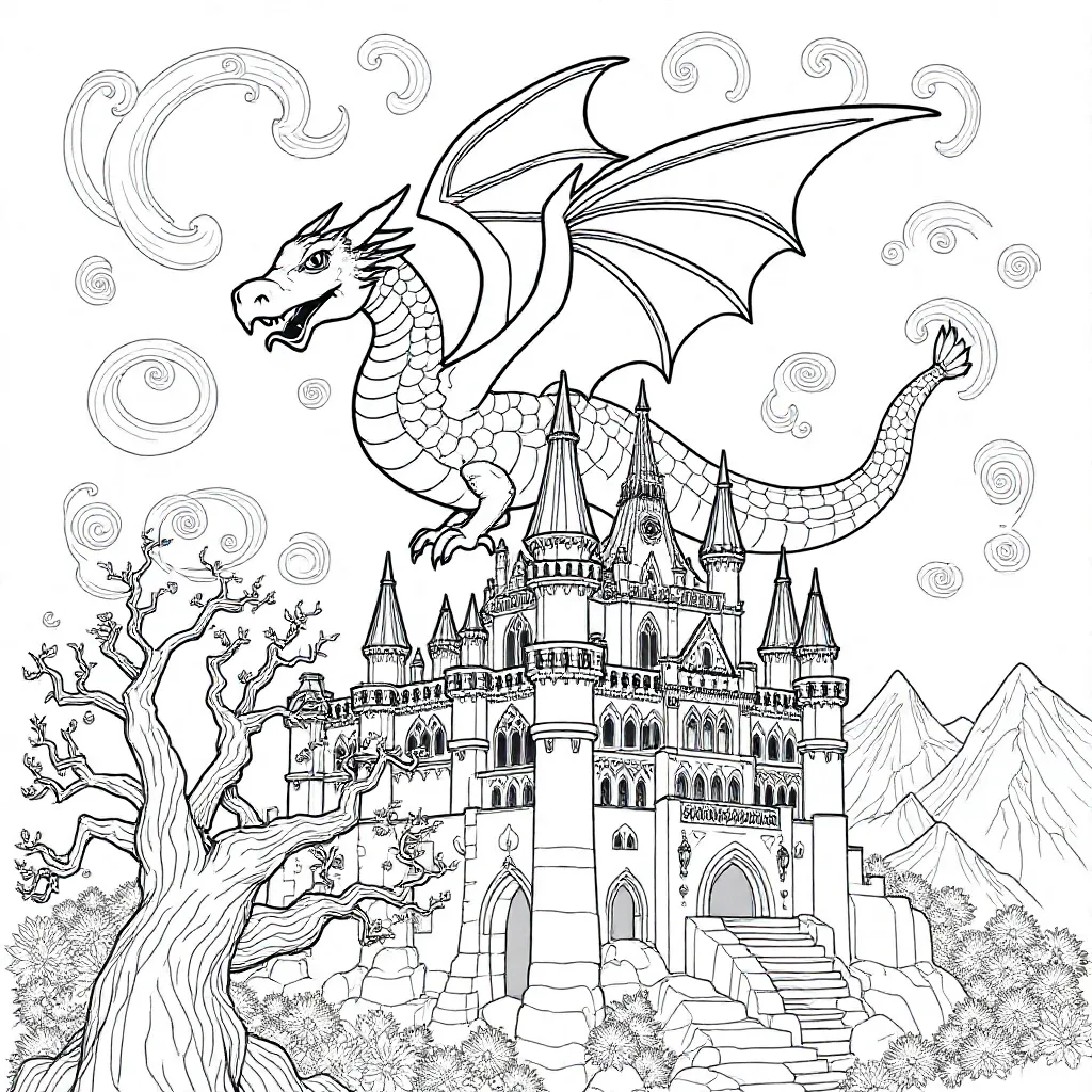 een magische draak die over een kasteel vliegt coloring page for children