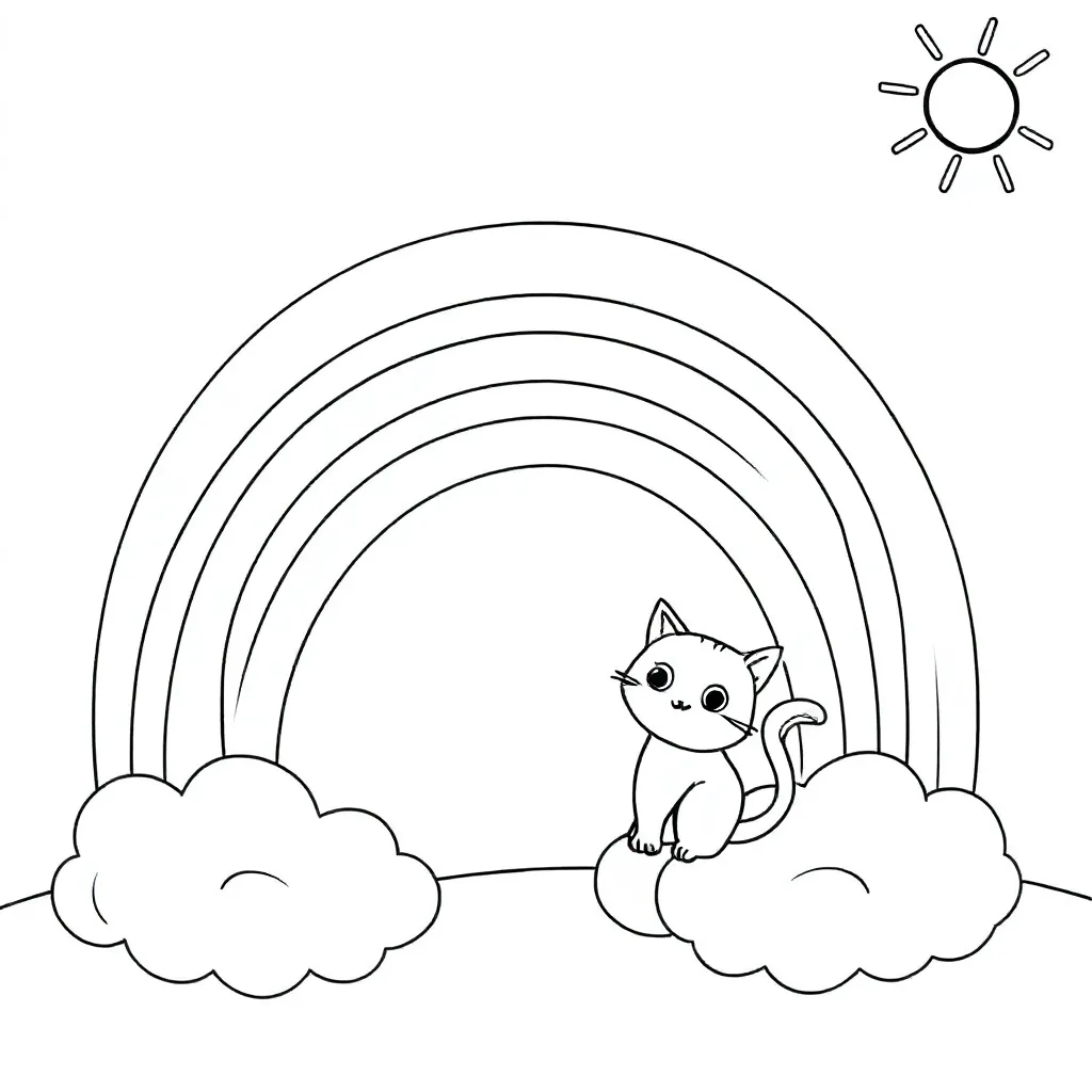 Een Magische Regenboog Met Wolken En Zonnestralen Kat coloring page for children
