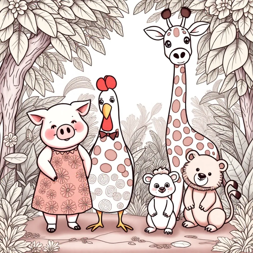 een mama die varken is, papa een kip, oudste kind een giraffe, middelste kind een leeuw, kleinste ki