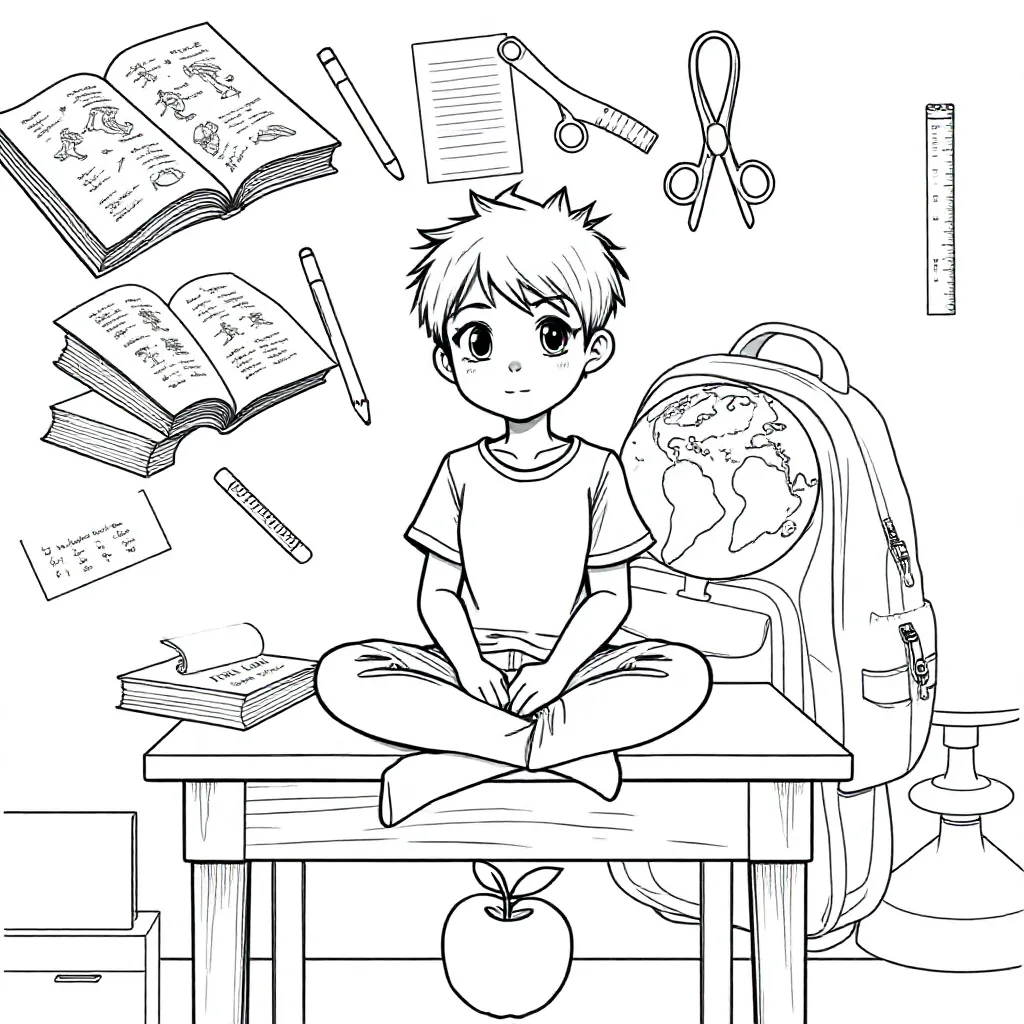 A girl with very short hair at a school desk with school supplies floating around her