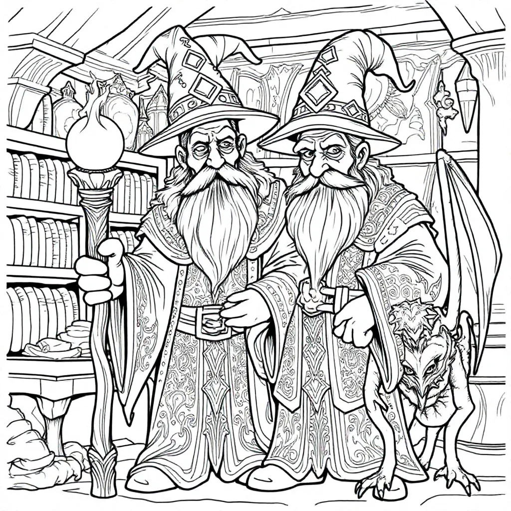 Feuille de coloriage gratuite d'un mystérieux sorcier et de sa créature de nuit