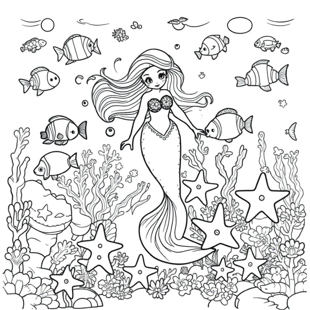Feuille de coloriage gratuite : Un monde sous-marin rempli de poissons, d'étoiles de mer et de...