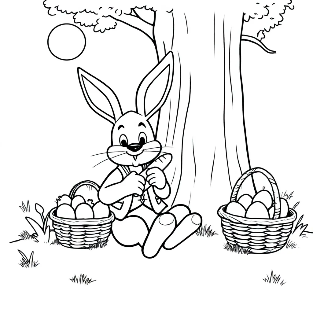 Free Easter Bunny Coloring Page - Bunny sitting on the ground by a tree.