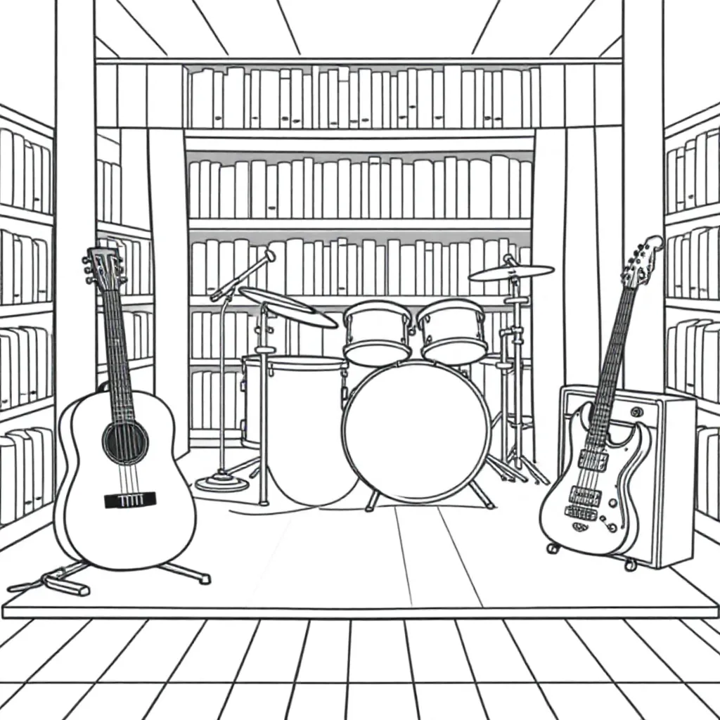 Feuille de coloriage gratuite : Un podium avec une guitare, une batterie et une...
