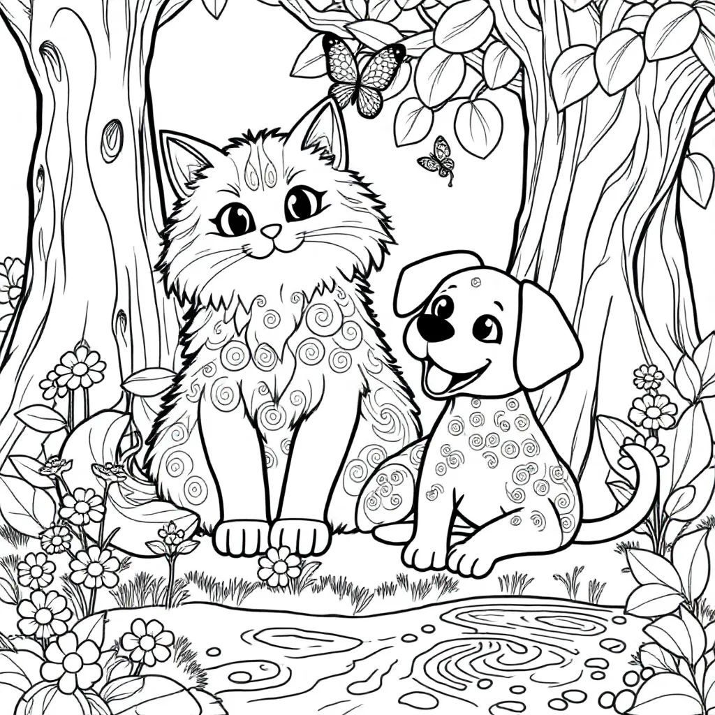 een poes met een hond kleurplaat voor kinderen