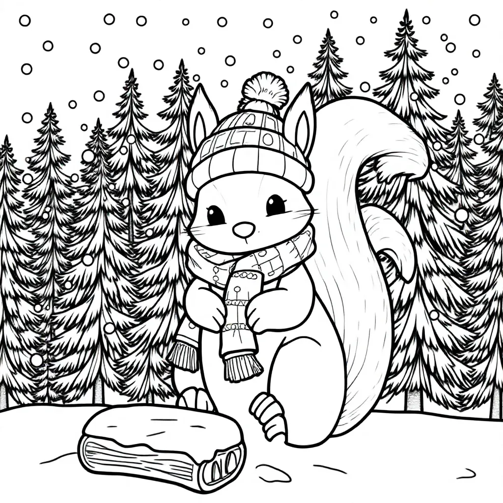 een schattig eekhoorntje met een mutsje en een sjaaltje aan achter haar is een dennenbos en het snee