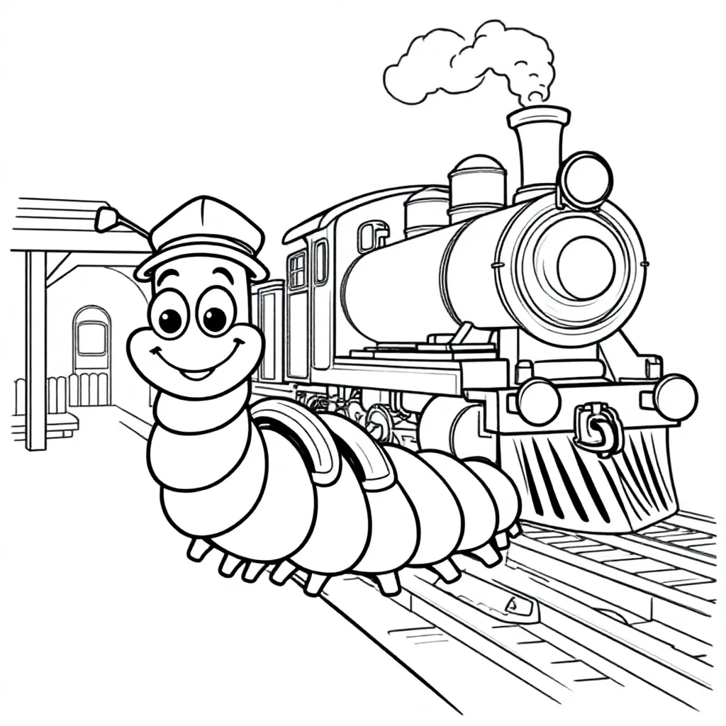 Feuille de coloriage gratuite : une adorable mille-pattes qui prend le train.