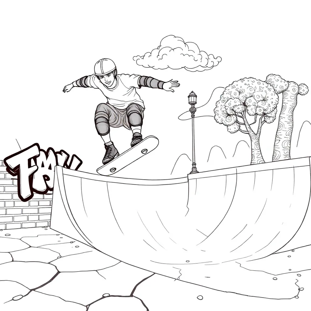 Een skater op een half pipe coloring page for children